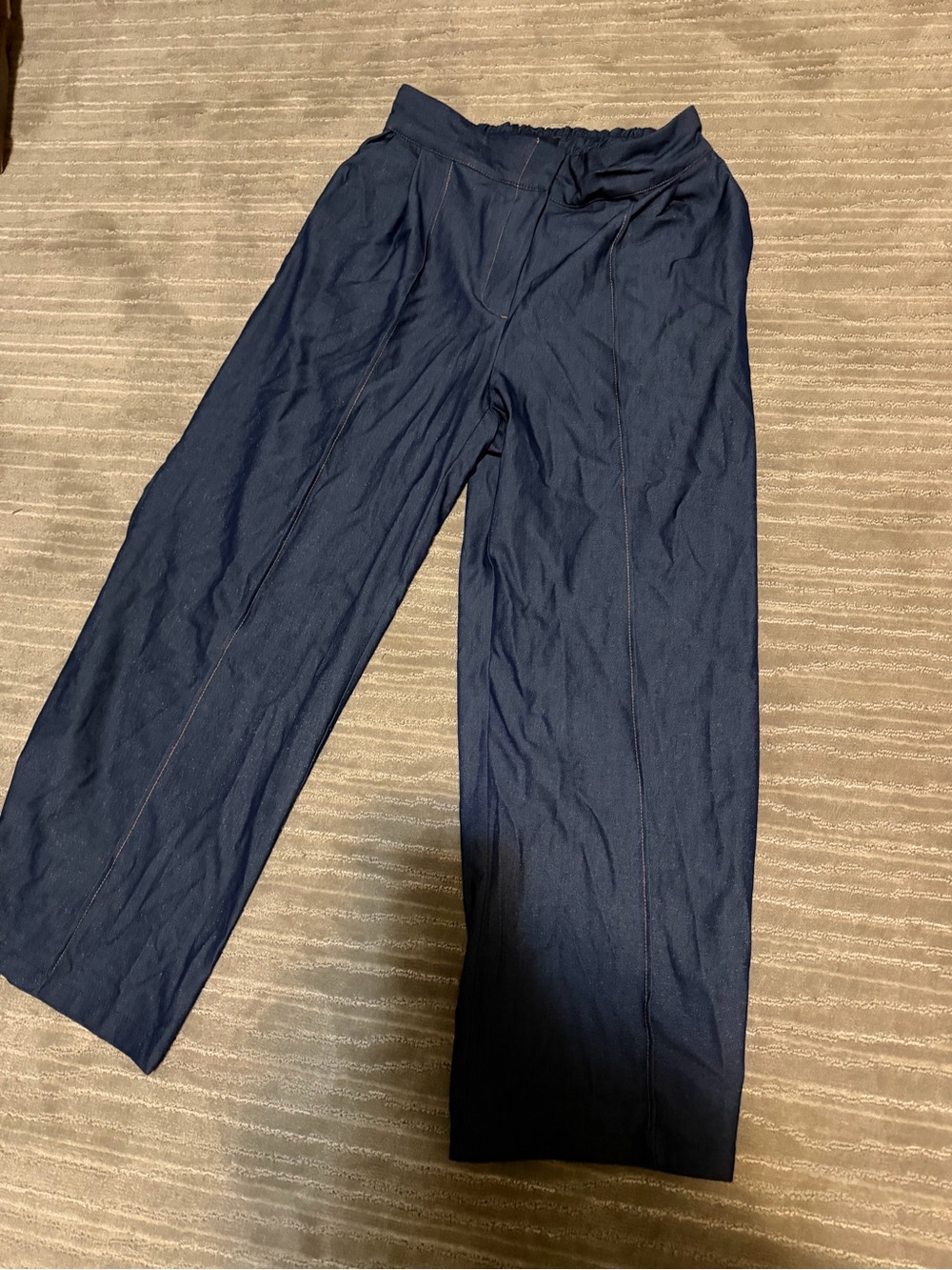 Zara Women Navy Elastic-Waist Wide-Leg Pants